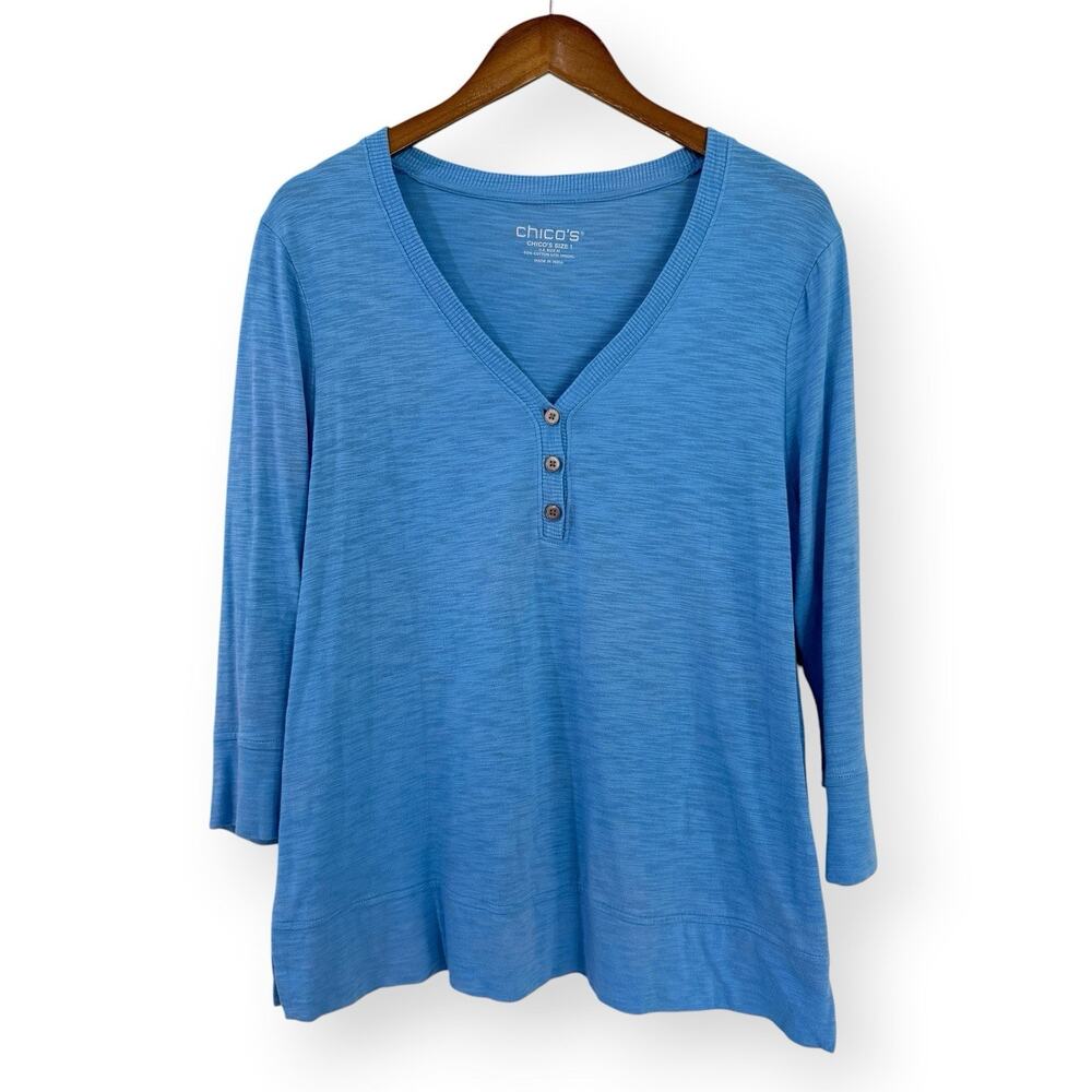 Chicos Tunic Shirt Womens 1 M Henley 3/4 Sleeve Cotton Modal Pullover Top Blouse